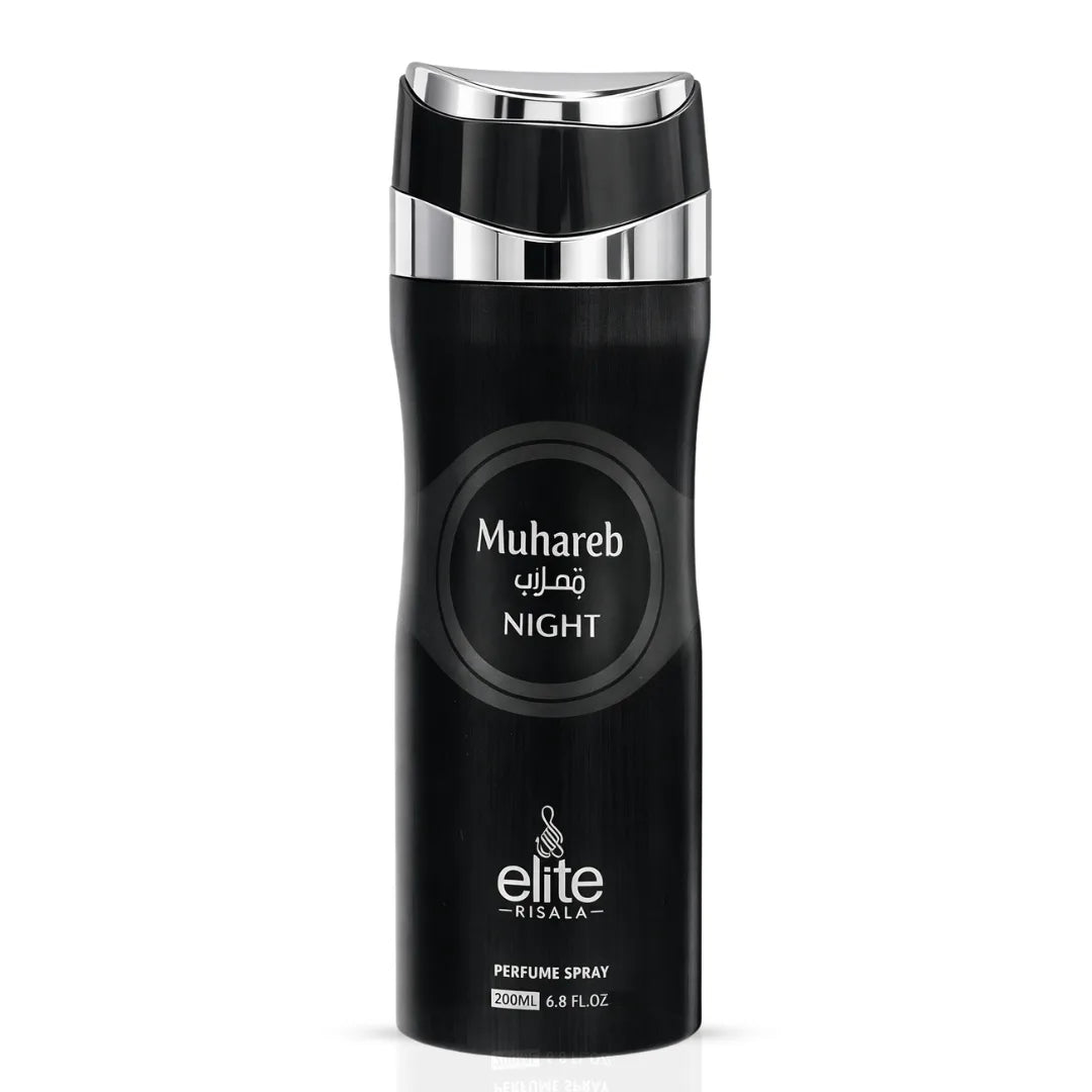 Elite Risala Muhareb Night Body Spray 200ml deodorant, featuring dark-colored bottle with sleek design and spray nozzle.