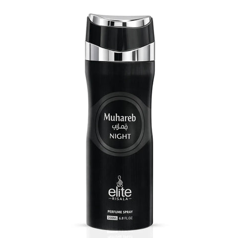 Elite Risala Muhareb Night Body Spray 200ml deodorant, featuring dark-colored bottle with sleek design and spray nozzle.
