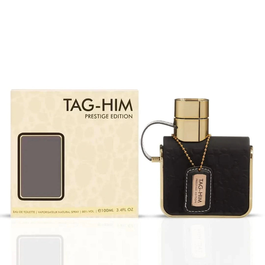 Bundle of Armaf Tag Him Eau de Parfum and Prestige Edition Eau de Toilette sprays, 100ml each, in sleek bottle designs.