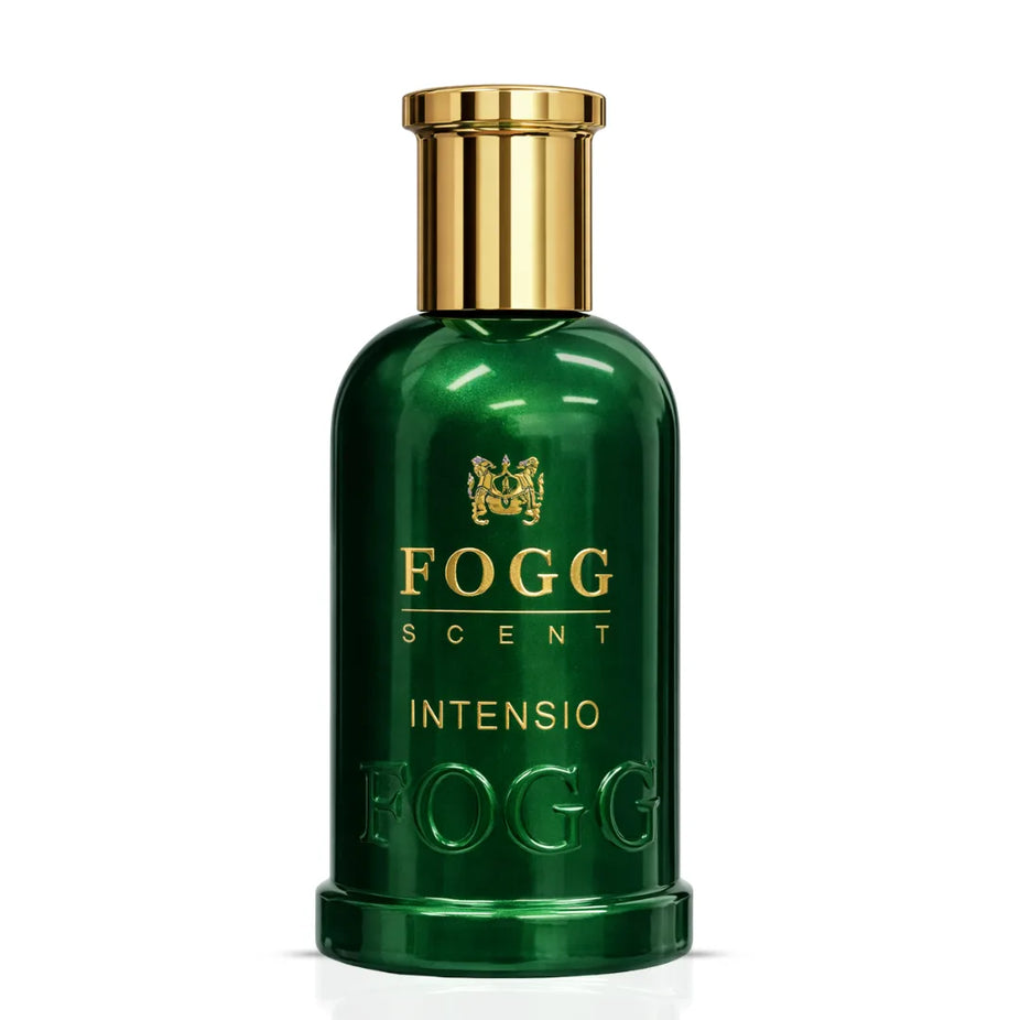 Fogg Intensio for Men Eau de Parfum spray 100ml bottle, sleek design, showcasing the men's fragrance product.