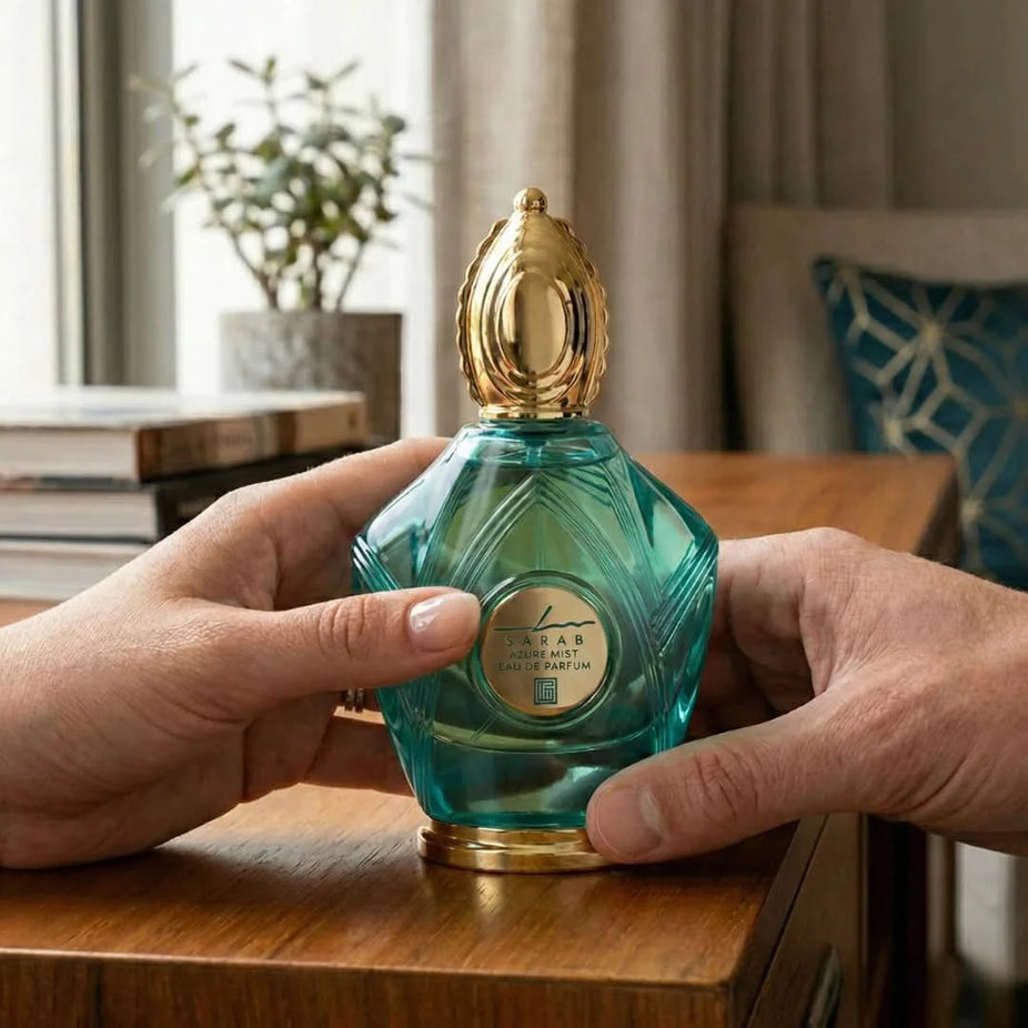 Sarab Azure Mist Eau De Parfum spray by Aura, 100ml bottle with elegant blue and silver design, showcasing the fragrance and packaging.