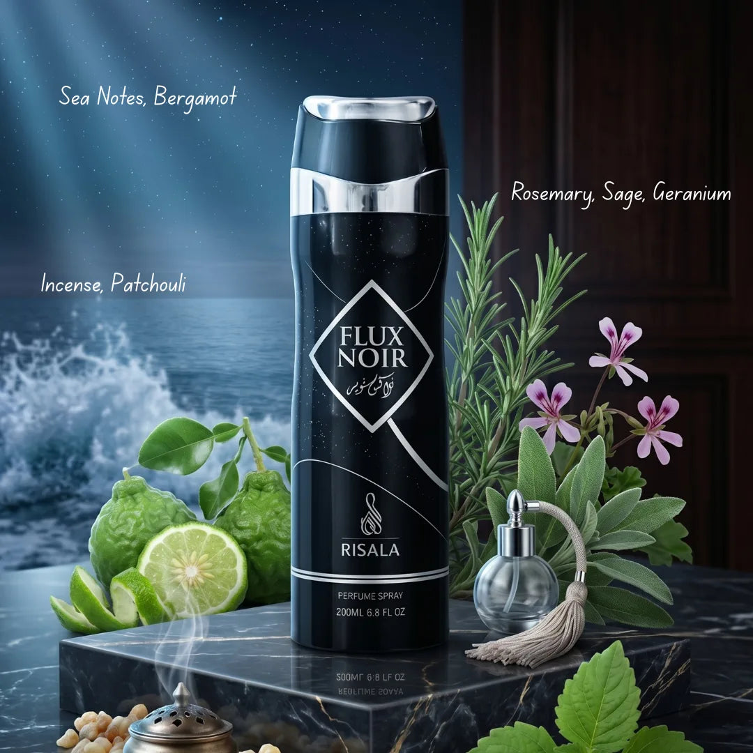 Flux Noir Body Spray by Elite Risala, 200ml deodorant bottle with sleek black design and spray nozzle.