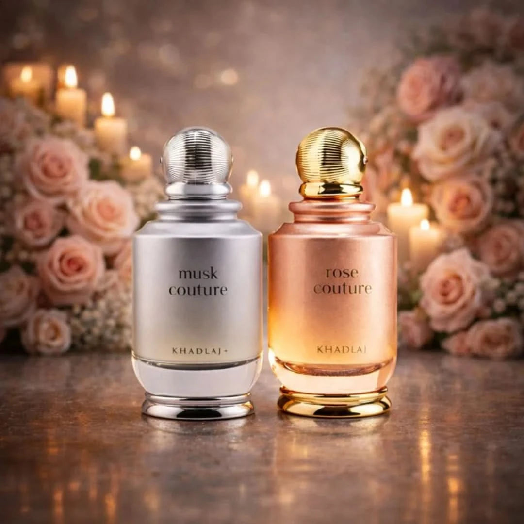 Khadlaj Musk Couture and Rose Couture Eau de Parfum spray bundle, 100ml, featuring elegant floral and musk fragrances.