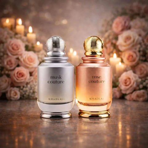 Khadlaj Musk Couture and Rose Couture Eau de Parfum spray bundle, 100ml, featuring elegant floral and musk fragrances.