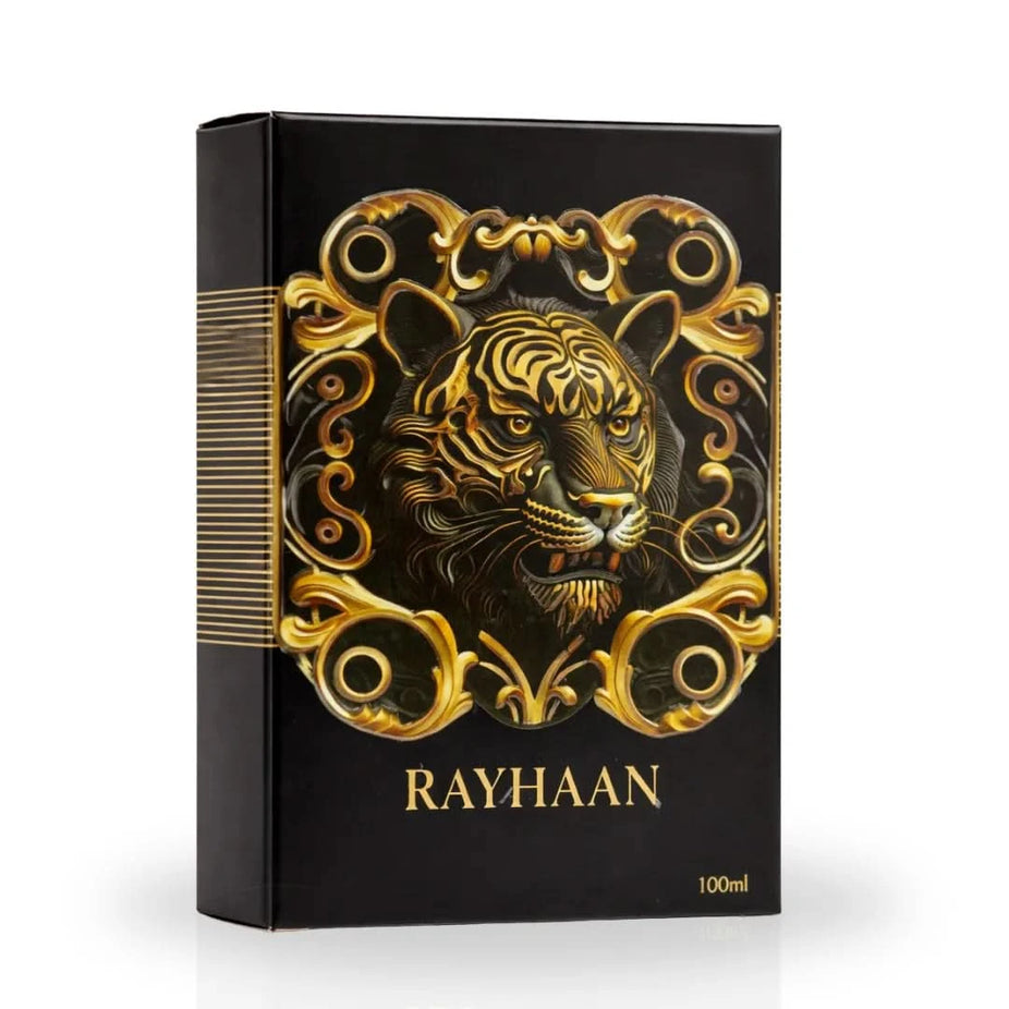 Rayhaan Tiger Eau de Parfum Spray 100ml, aromatic fragrance bottle with tiger design, for men and women