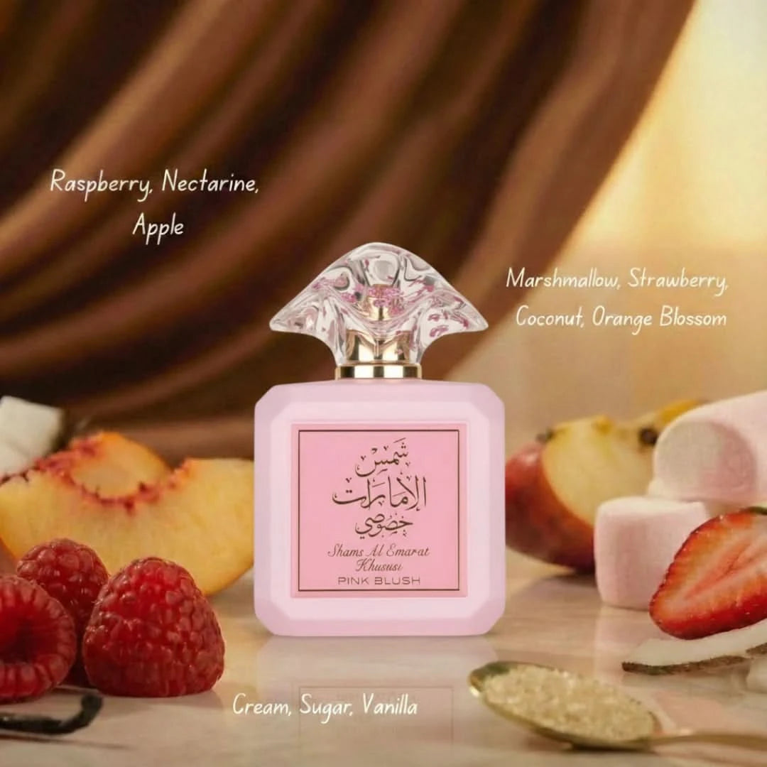 Bundle of Ard Al Zaafaran Pink Blush Shams Al Emarat Eau de Parfum spray 100ml, 50ml, and 10ml roll-on perfume oil.