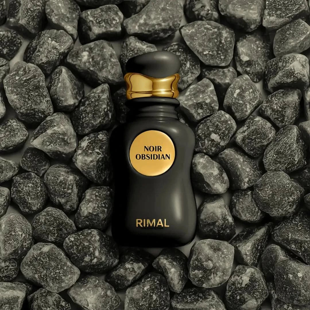Rimal Collection Noir Obsidian Eau de Parfum spray bottle, 100ml, sleek black design with elegant branding