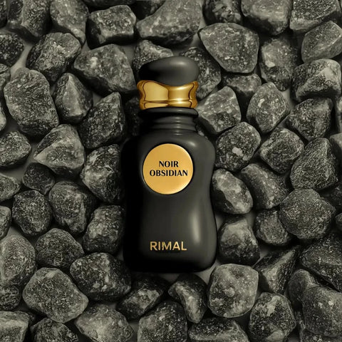 Rimal Collection Noir Obsidian Eau de Parfum spray bottle, 100ml, sleek black design with elegant branding