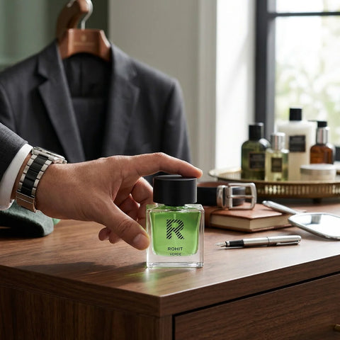 Rohit Verde Eau de Parfum Spray by Bharara, 100ml bottle with green and gold packaging, showcasing the perfume design.