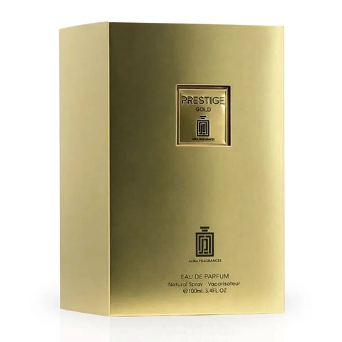 Aura Fragrances Prestige Gold Eau De Parfum spray in 100ml bottle, luxurious gold packaging, elegant perfume bottle.