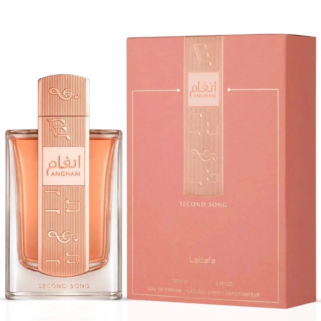 Lattafa Angham Second Song Eau De Parfum spray 100ml bottle with elegant design and floral scent profile.
