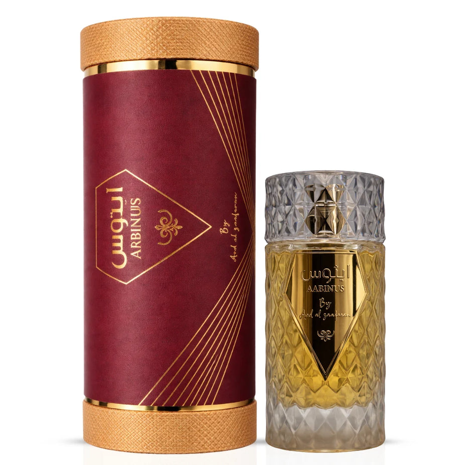 Aabinus Eau de Parfum spray by Ard Al Zaafaran, 100ml bottle, elegant glass design with a floral and woody scent profile.