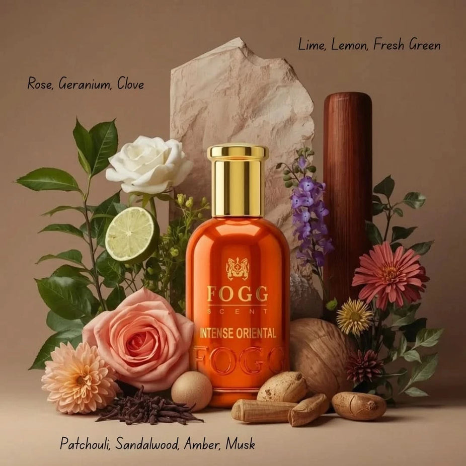 Fogg Intense Oriental for Men Eau de Parfum spray 100ml bottle with dark packaging and elegant design.