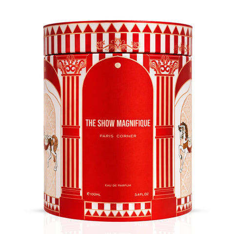Paris Corner Show Magnifique Eau De Parfum spray 100ml bottle, elegant glass container with a sleek design.