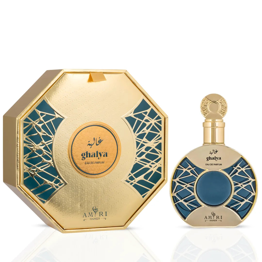 Intense Oud musk and Ghalya Amiri Eau de Parfum bundle featuring Khadlaj and Hamidi fragrance sprays in 60ml and 100ml bottles.