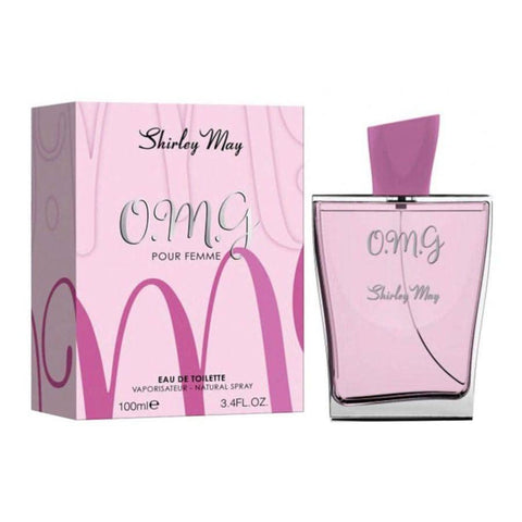 Shirley May O.M.G for Women Eau De Toilette 100ml with pouch, featuring a sleek glass bottle and elegant packaging.