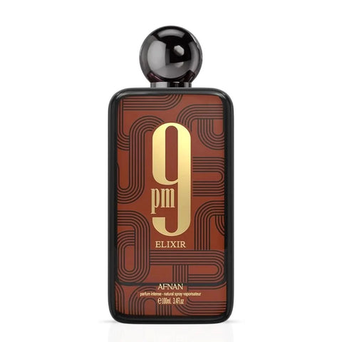 Afnan 9PM Elixir Eau De Parfum spray bottle, 100ml, with elegant design and clear label, on a neutral background.