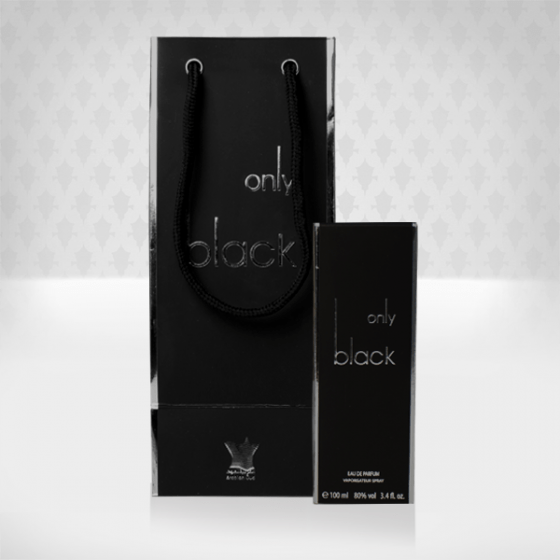 Arabian Oud Only Black Eau De Parfum 100ml bottle with sleek black design and silver accents, showcasing the luxurious fragrance container.