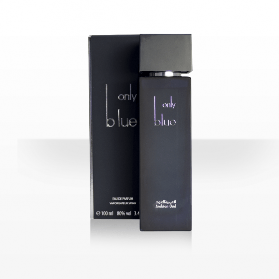 Elegant bottle of Arabian Oud Only Blue EDP Eau De Parfum 100ml with blue accents, showcasing the luxurious fragrance packaging.