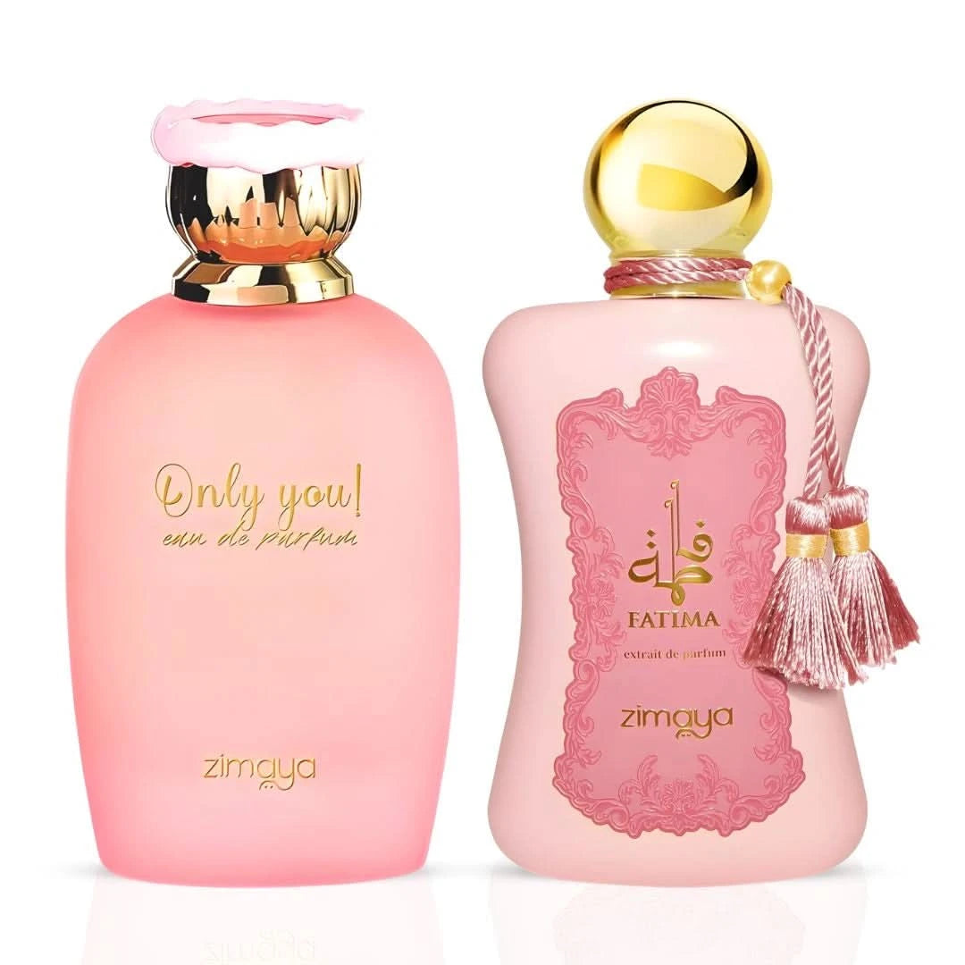 Zimaya Only You Eau de Parfum and Fatima Pink Extrait De Parfum bundle in 100ml sprays, featuring elegant bottles and floral accents.