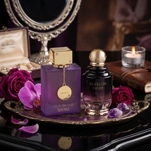 Bundle of Sensuos Night Eau de Parfum by Khadlaj and Club De Nuit Maleka Eau de Parfum by Armaf, both in spray bottles.