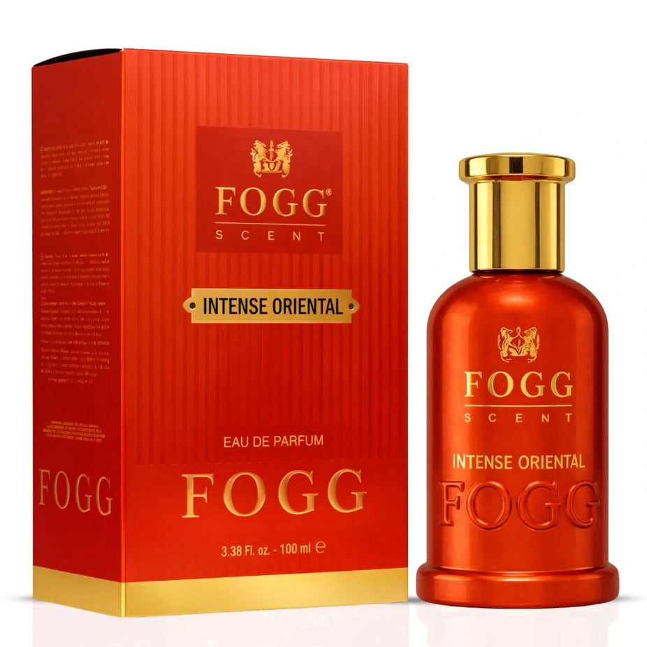 Fogg Intense Oriental for Men Eau de Parfum spray 100ml bottle, sleek design with dark and gold accents, elegant and modern.
