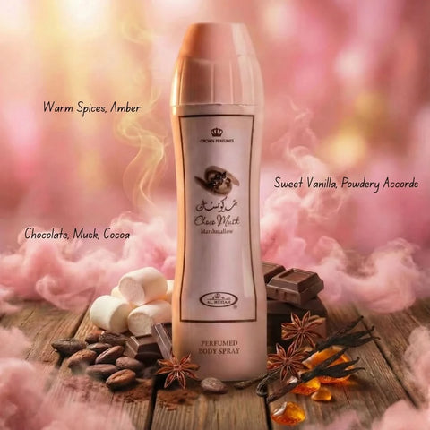 Al Rehab Choco Musk Marshmallow perfumed body spray in 200ml bottle, featuring a sleek design and soft pastel colors.