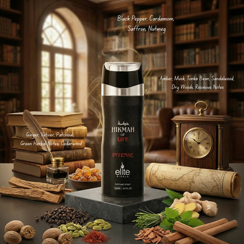 Elite Risala Hikmah Of Life intense perfumed body spray in 200ml deodorant bottle, featuring elegant packaging and branding.