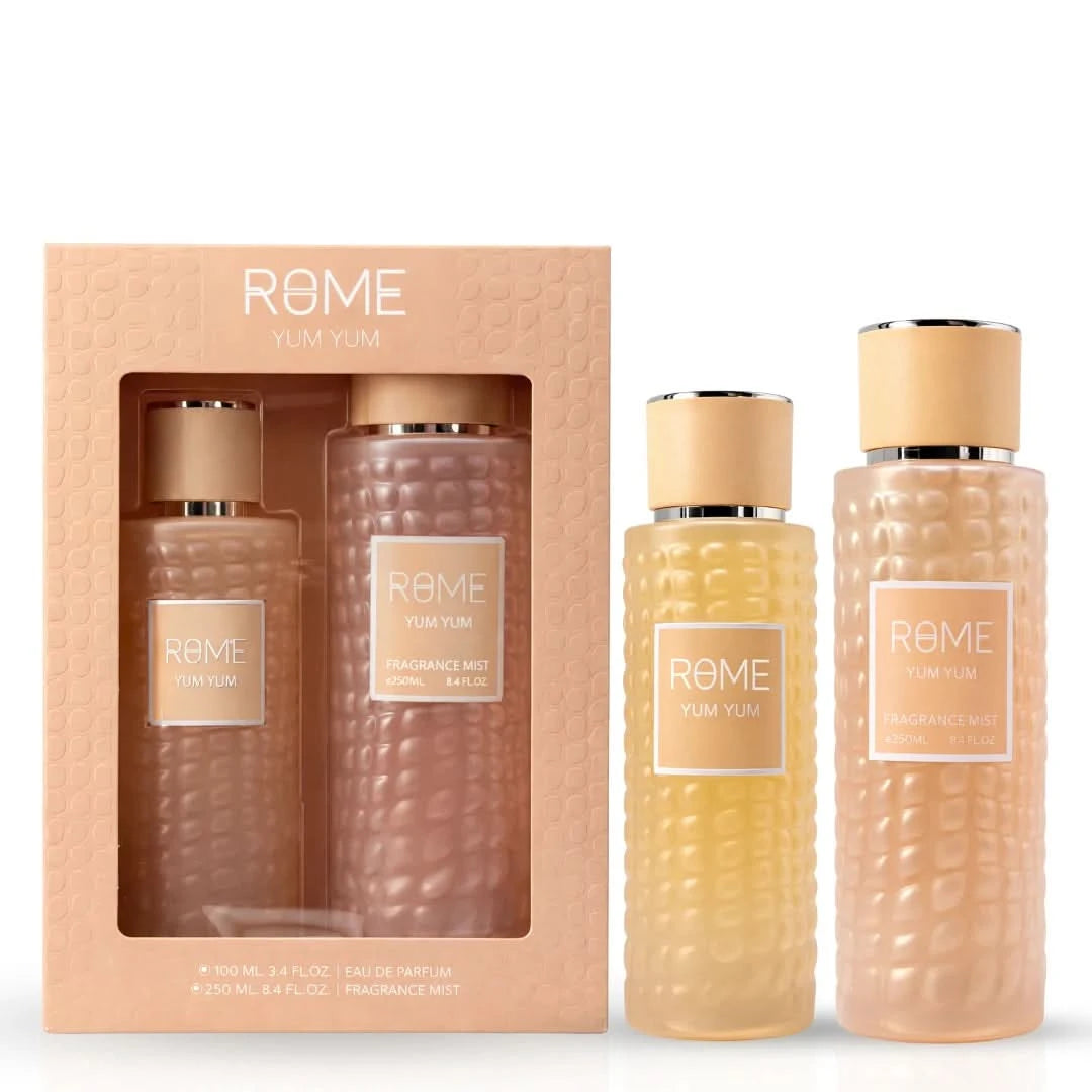 Rome Yum Yum Mast Perfume 2-piece fragrance gift set with two elegant bottles displayed together.