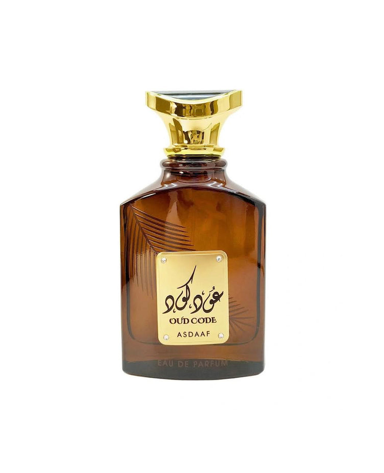 Oud Code Eau de Parfum spray by Asdaaf, 100ml bottle, featuring a sleek design and rich, woody fragrance.