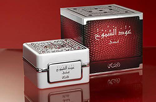 Silver Bakhoor Oudh Al Shomoukh by Rasasi, 35g, featuring a silver tin with traditional Oudh fragrance for home use.