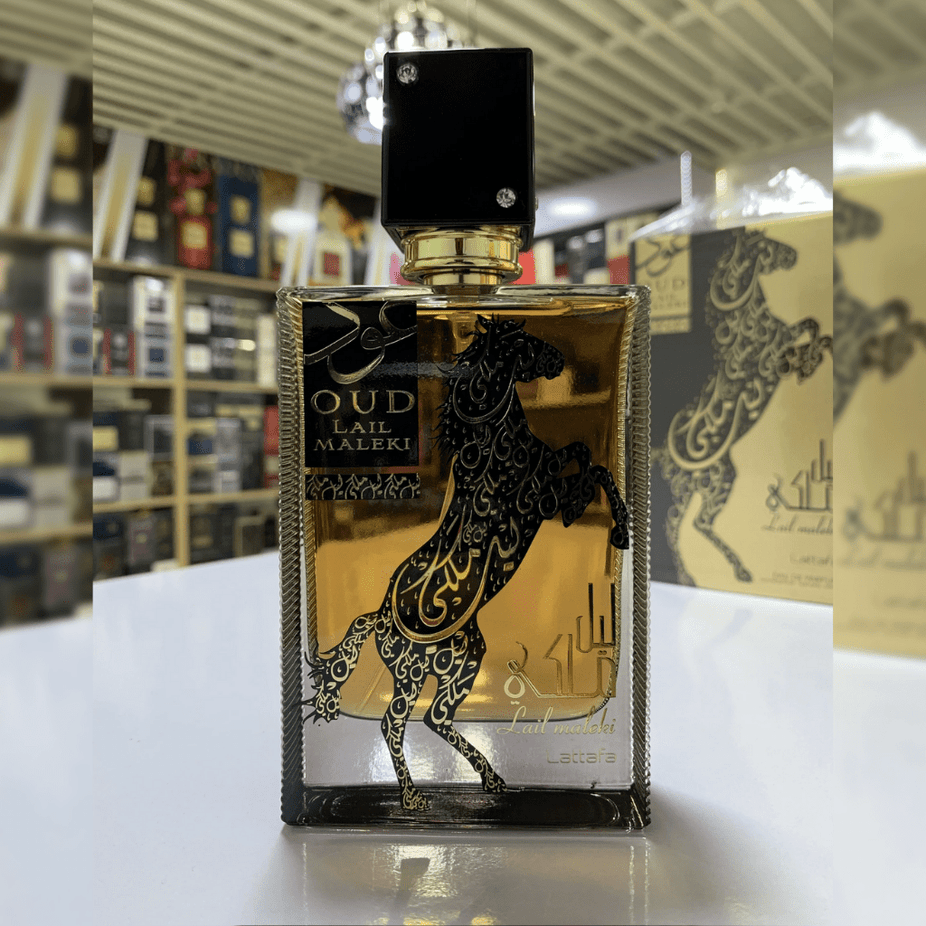 Lattafa Oud Lail Maleki Eau de Parfum spray, 100ml bottle with elegant packaging and floral and woody fragrance details.