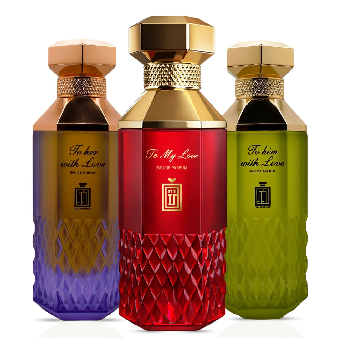 Aura Fragrances To Him and To Her Eau De Parfum bundle with 100ml sprays, featuring elegant perfume bottles in a stylish set.