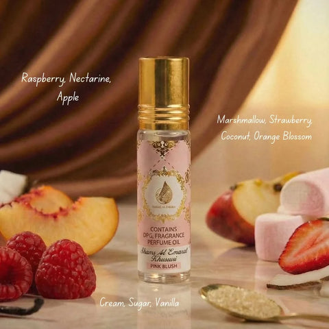 Pink Blush & Yara roll-on perfume oils bundle with Choco Musk Marshmallow, featuring 10ml and 6ml bottles by Ard Al Zaafaran and Al Rehab.
