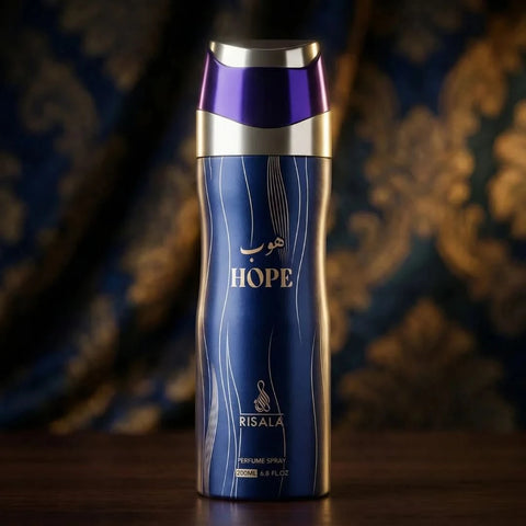 Risala Hope perfumed body spray 200ml deodorant bottle with elegant packaging and floral design.