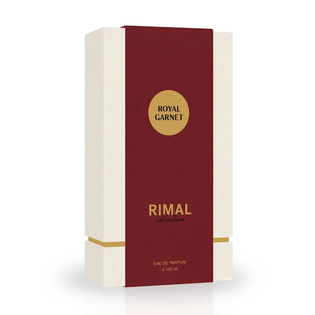 Royal Garnet Eau de Parfum Spray by Rimal Collection, 100ml bottle, elegant glass container with a decorative cap.
