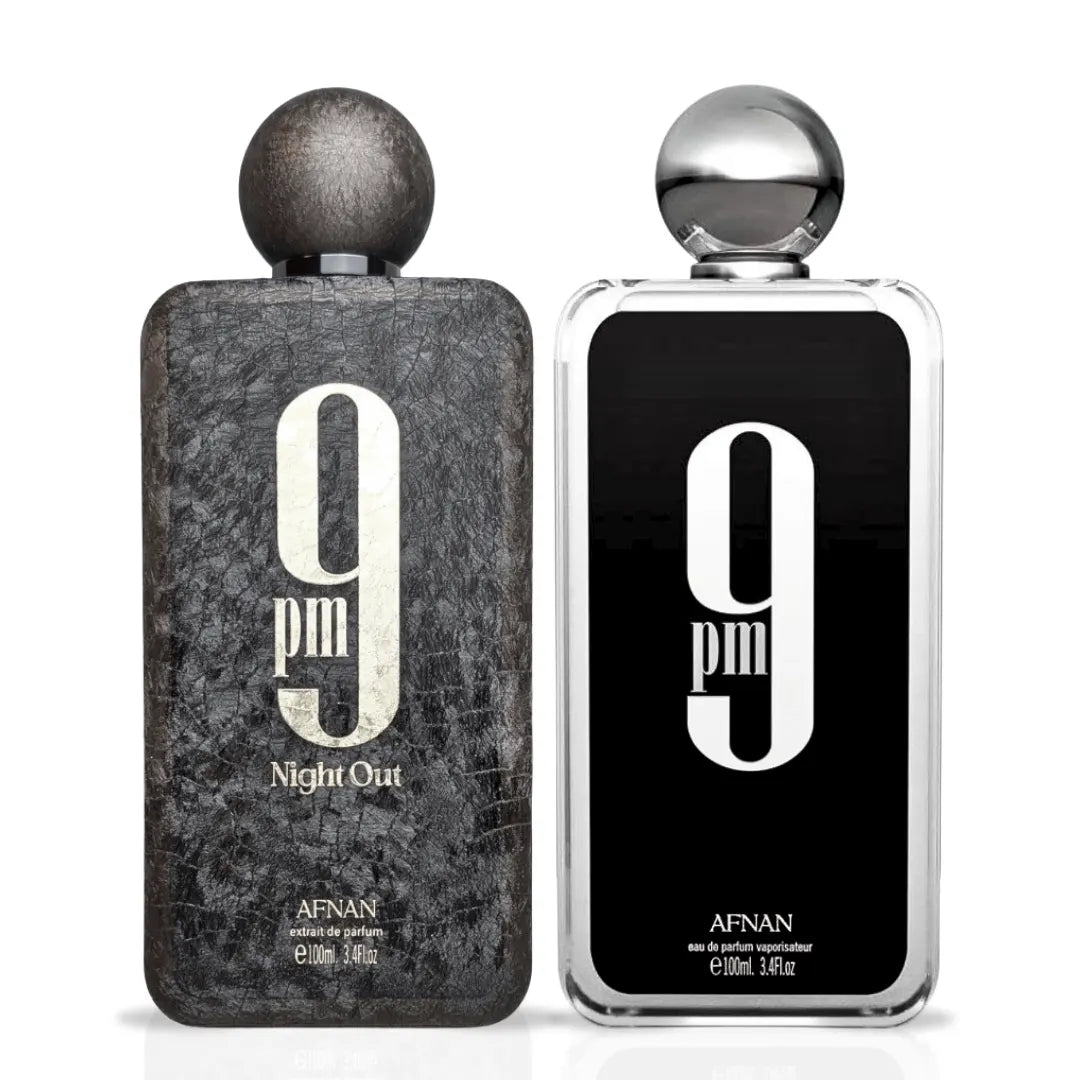 Afnan 9PM Eau de Parfum Spray and Night Out Extrait De Parfum bundle, 100ml bottles, featuring elegant perfume bottles side by side.
