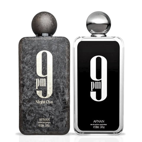 Afnan 9PM Eau de Parfum Spray and Night Out Extrait De Parfum bundle, 100ml bottles, featuring elegant perfume bottles side by side.