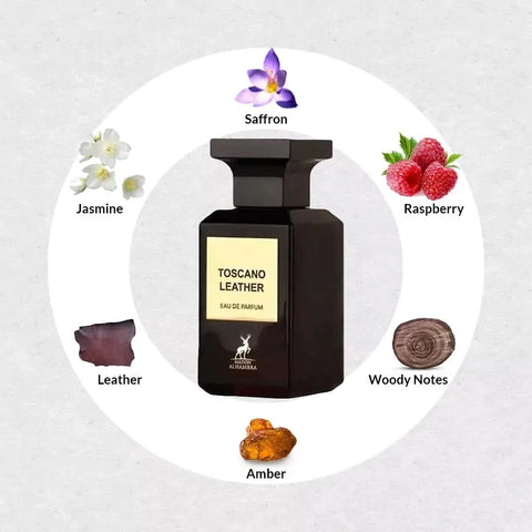 Maison Alhambra Toscano Leather Eau de Parfum spray 80ml with velvet pouch, showcasing the elegant perfume bottle.