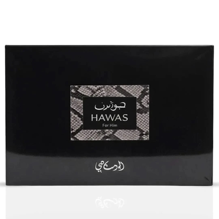 Rasasi Hawas for Men 3-piece perfume gift set with bottles and packaging, featuring men's fragrance and elegant design.