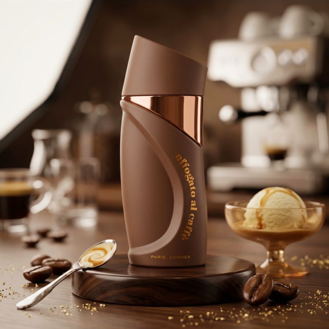 Paris Corner Affogato al Caffè Eau de Parfum Spray 100ml, elegant fragrance bottle with black and gold accents.