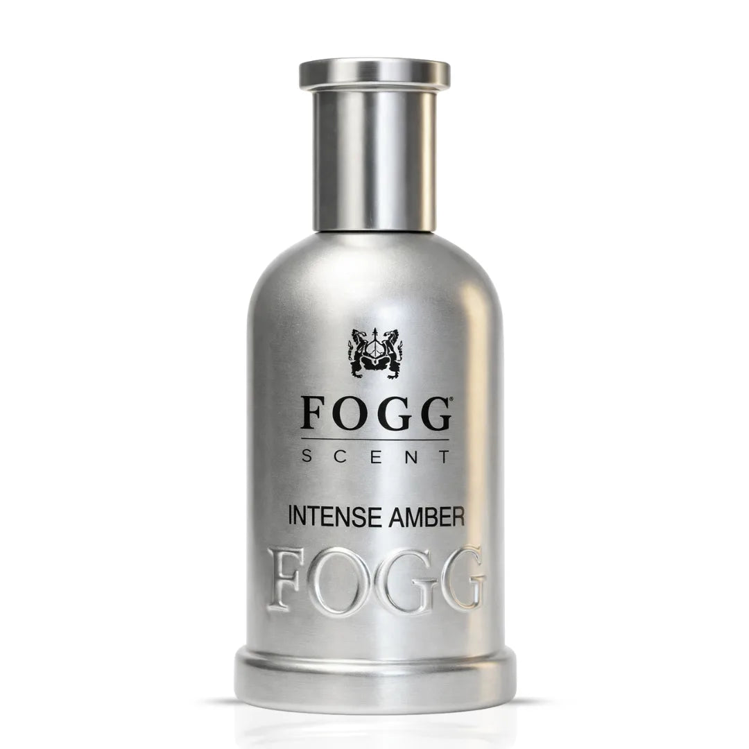 Fogg Intense Amber Eau de Parfum spray bottle for men, 100ml, with warm amber scent and sleek packaging.