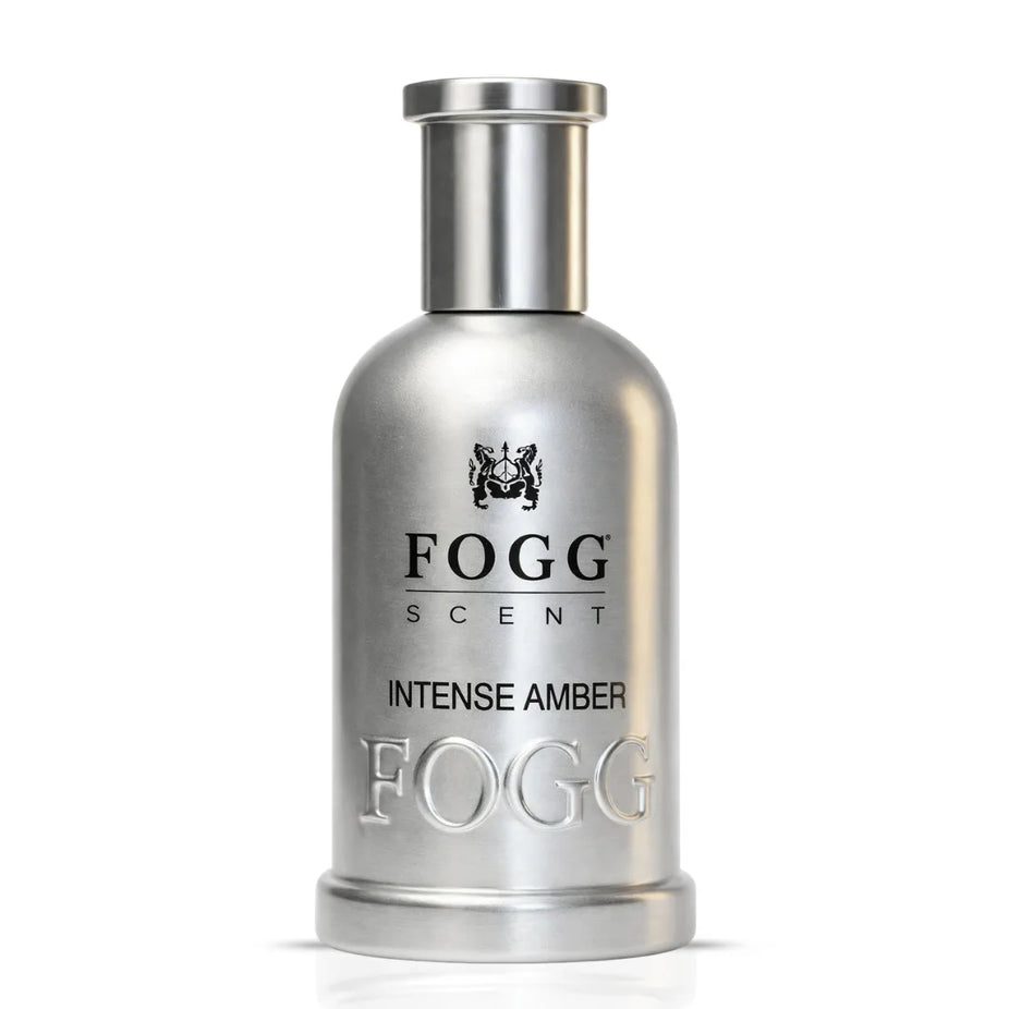 Fogg Intense Amber Eau de Parfum spray bottle for men, 100ml, with warm amber scent and sleek packaging.
