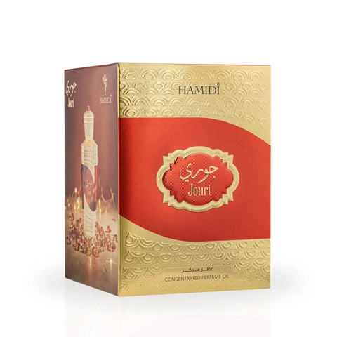Hamidi Jouri concentrated perfume oil in a 20ml bottle, featuring elegant packaging and a rich, floral scent.