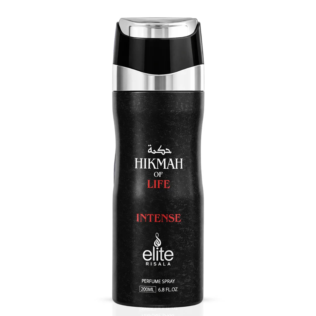Hikmah Of Life Intense Perfumed Body Spray by Risala, 200ml deodorant bottle with a sleek design and elegant branding.