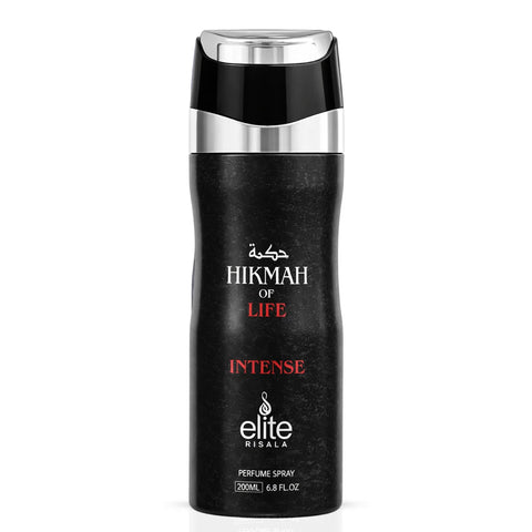 Hikmah Of Life Intense Perfumed Body Spray by Risala, 200ml deodorant bottle with a sleek design and elegant branding.