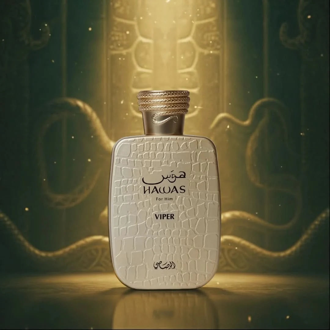 Rasasi Hawas Viper Eau de Parfum spray 100ml in a velvet pouch, featuring a sleek bottle with a modern fragrance design.