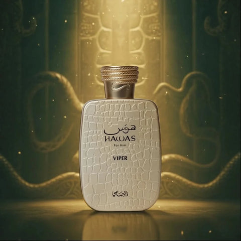 Rasasi Hawas Viper Eau de Parfum spray 100ml in a velvet pouch, featuring a sleek bottle with a modern fragrance design.
