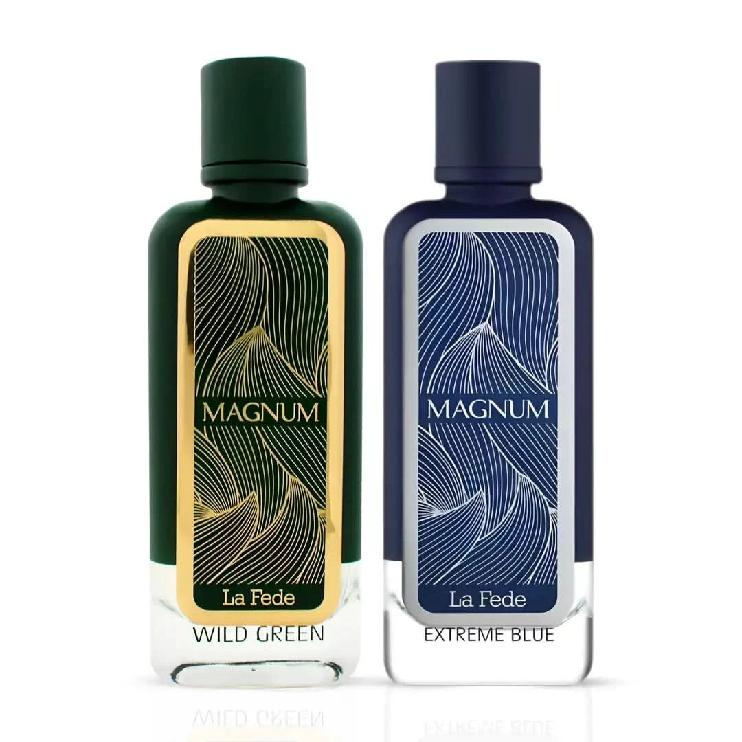 Khadlaj La Fede Magnum Wild Green and Extreme Blue Eau de Parfum Spray bundle, 100ml bottles, with sleek fragrance packaging.