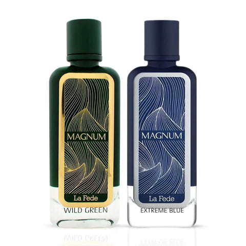Khadlaj La Fede Magnum Wild Green and Extreme Blue Eau de Parfum Spray bundle, 100ml bottles, with sleek fragrance packaging.